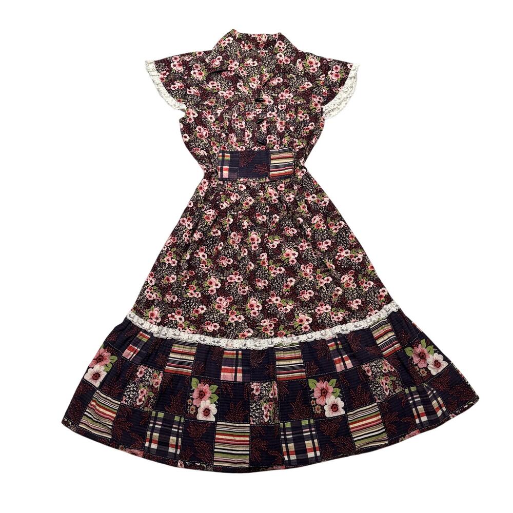 Vintage 70's Floral Cotton Patchwork Midi Dress Women's One Size Gunney